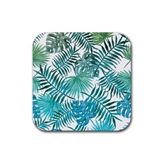 Blue Tropical Leaves Rubber Coaster (square)  by goljakoff