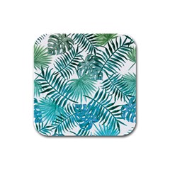 Blue Tropical Leaves Rubber Square Coaster (4 Pack)  by goljakoff