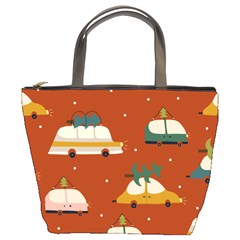 Cute Merry Christmas And Happy New Seamless Pattern With Cars Carrying Christmas Trees Bucket Bag by EvgeniiaBychkova