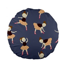 Cute  Pattern With  Dancing Ballerinas On The Blue Background Standard 15  Premium Flano Round Cushions by EvgeniiaBychkova