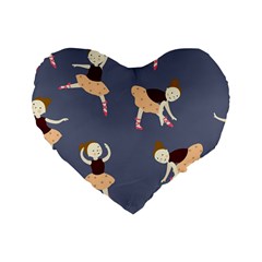 Cute  Pattern With  Dancing Ballerinas On The Blue Background Standard 16  Premium Flano Heart Shape Cushions by EvgeniiaBychkova