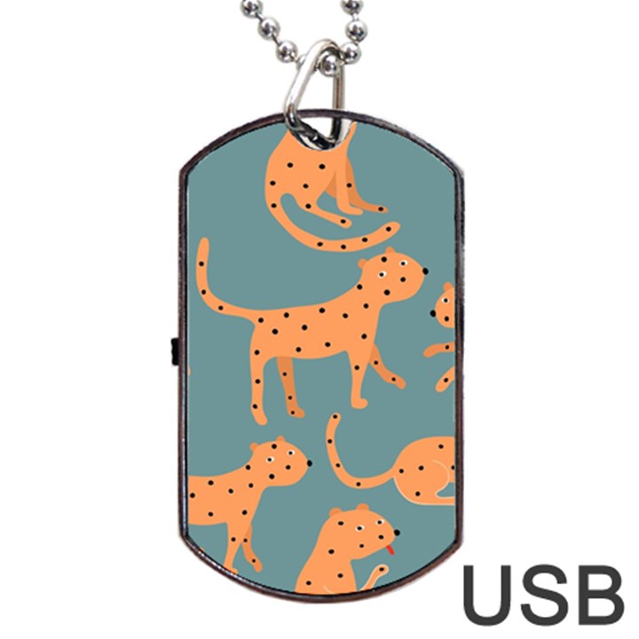 Vector Seamless Pattern With Cute Orange And  Cheetahs On The Blue Background  Tropical Animals Dog Tag USB Flash (One Side)