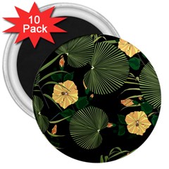 Tropical Vintage Yellow Hibiscus Floral Green Leaves Seamless Pattern Black Background  3  Magnets (10 Pack)  by Sobalvarro