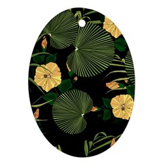 Tropical Vintage Yellow Hibiscus Floral Green Leaves Seamless Pattern Black Background  Oval Ornament (two Sides) by Sobalvarro