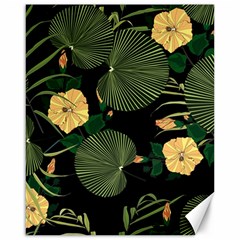 Tropical Vintage Yellow Hibiscus Floral Green Leaves Seamless Pattern Black Background  Canvas 16  X 20  by Sobalvarro