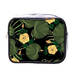 Tropical Vintage Yellow Hibiscus Floral Green Leaves Seamless Pattern Black Background  Mini Toiletries Bag (one Side) by Sobalvarro