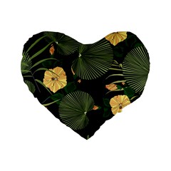 Tropical Vintage Yellow Hibiscus Floral Green Leaves Seamless Pattern Black Background  Standard 16  Premium Heart Shape Cushions by Sobalvarro