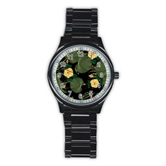 Tropical Vintage Yellow Hibiscus Floral Green Leaves Seamless Pattern Black Background  Stainless Steel Round Watch by Sobalvarro