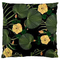Tropical Vintage Yellow Hibiscus Floral Green Leaves Seamless Pattern Black Background  Large Flano Cushion Case (two Sides) by Sobalvarro