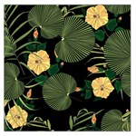 Tropical vintage yellow hibiscus floral green leaves seamless pattern black background. Large Satin Scarf (Square) Front