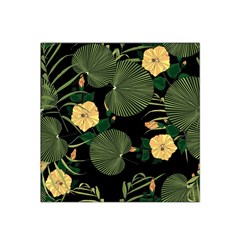 Tropical Vintage Yellow Hibiscus Floral Green Leaves Seamless Pattern Black Background  Satin Bandana Scarf by Sobalvarro