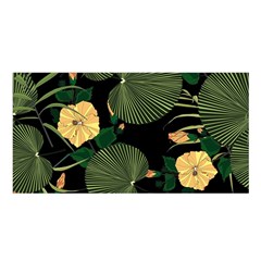 Tropical Vintage Yellow Hibiscus Floral Green Leaves Seamless Pattern Black Background  Satin Shawl by Sobalvarro