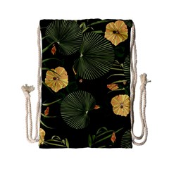 Tropical Vintage Yellow Hibiscus Floral Green Leaves Seamless Pattern Black Background  Drawstring Bag (small) by Sobalvarro