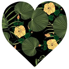 Tropical Vintage Yellow Hibiscus Floral Green Leaves Seamless Pattern Black Background  Wooden Puzzle Heart by Sobalvarro