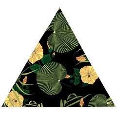 Tropical Vintage Yellow Hibiscus Floral Green Leaves Seamless Pattern Black Background  Wooden Puzzle Triangle by Sobalvarro