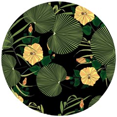 Tropical Vintage Yellow Hibiscus Floral Green Leaves Seamless Pattern Black Background  Wooden Puzzle Round by Sobalvarro