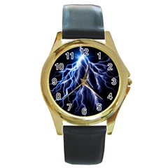 Blue Lightning At Night, Modern Graphic Art  Round Gold Metal Watch by picsaspassion