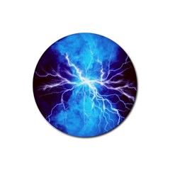 Blue Lightning Thunder At Night, Graphic Art 3 Rubber Round Coaster (4 Pack)  by picsaspassion