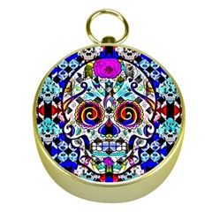 Sugar Skull Pattern 2 Gold Compasses by ExtraGoodSauce