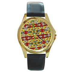 Leaves Pattern Round Gold Metal Watch