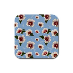 Delicate Hibiscus Flowers On A Blue Background Rubber Square Coaster (4 Pack)  by SychEva