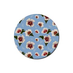 Delicate Hibiscus Flowers On A Blue Background Rubber Round Coaster (4 Pack)  by SychEva