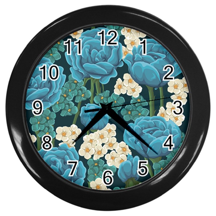 Blue flowers Wall Clock (Black)