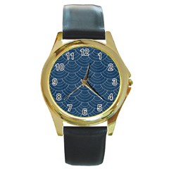 Blue Sashiko Plaid Round Gold Metal Watch