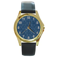 Blue Sashiko Plaid Round Gold Metal Watch by goljakoff