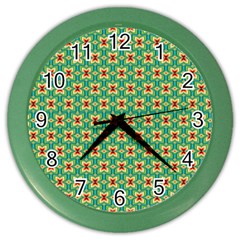 Green Floral Pattern Color Wall Clock by designsbymallika