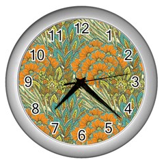 Orange Flowers Wall Clock (silver) by goljakoff