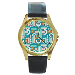 Abstract Shapes Round Gold Metal Watch by SychEva