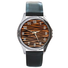 Tiger Stripes, Black And Orange, Asymmetric Lines, Wildlife Pattern Round Metal Watch by Casemiro