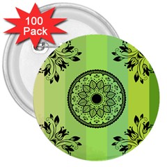 Green Grid Cute Flower Mandala 3  Buttons (100 Pack)  by Magicworlddreamarts1