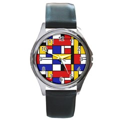 Stripes And Colors Textile Pattern Retro Round Metal Watch