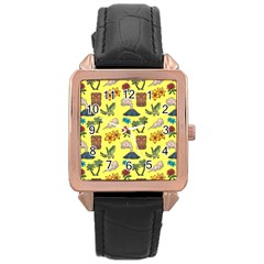 Tropical Island Tiki Parrots, Mask And Palm Trees Rose Gold Leather Watch  by DinzDas