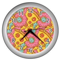 Fast Food Pizza And Donut Pattern Wall Clock (silver) by DinzDas