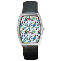 Blue Floral Stripes Barrel Style Metal Watch by designsbymallika