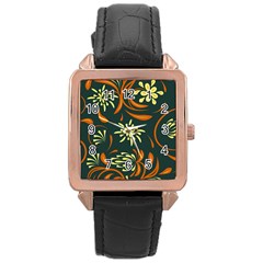 Folk Flowers Pattern Floral Surface Rose Gold Leather Watch  by Eskimos