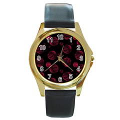 Red Sponge Prints On Black Background Round Gold Metal Watch by SychEva