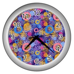 Multicolored Splashes And Watercolor Circles On A Dark Background Wall Clock (silver) by SychEva