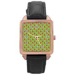 Juicy Slices Of Watermelon On A Green Background Rose Gold Leather Watch  by SychEva