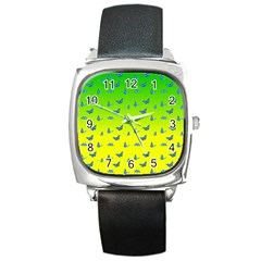 Blue Butterflies At Yellow And Green, Two Color Tone Gradient Square Metal Watch by Casemiro