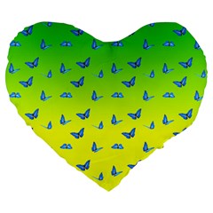 Blue Butterflies At Yellow And Green, Two Color Tone Gradient Large 19  Premium Flano Heart Shape Cushions by Casemiro