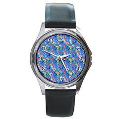 Multicolored Butterflies Fly On A Blue Background Round Metal Watch by SychEva