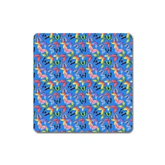 Multicolored Butterflies Fly On A Blue Background Square Magnet