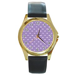 Pink Clouds On Purple Background Round Gold Metal Watch by SychEva