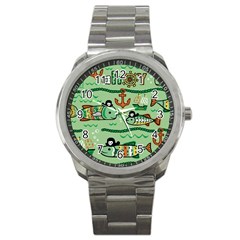 Seamless Pattern Fishes Pirates Cartoon Sport Metal Watch by Jancukart