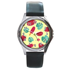 Watermelon Leaves Cherry Background Pattern Round Metal Watch