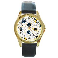 Seamless-pattern-with-spaceships-stars 002 Round Gold Metal Watch by nate14shop